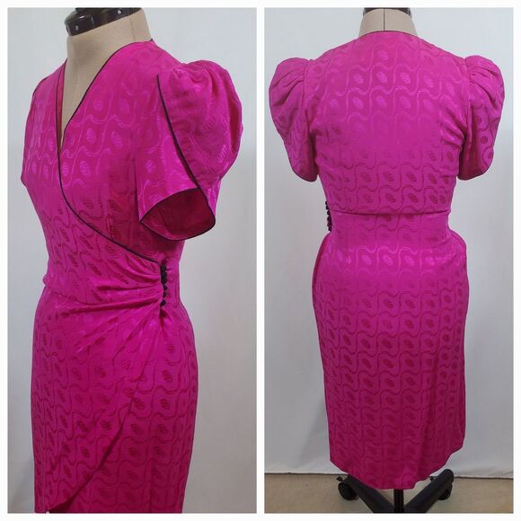 Vintage Silk Studio Women’s Wrap Dress Size 4 Silk Hot Pink Black Short Sleeve - Picture 2 of 12